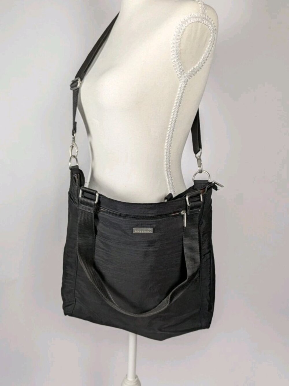 Baggallini Convertible Tote Crossbody Bag Black Nylon Shoulder Purse Travel Orga